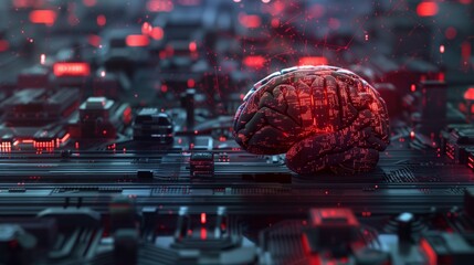 Poster - A close-up shot of a 3D rendering of a brain resting on a circuit board, illuminated by red lights.