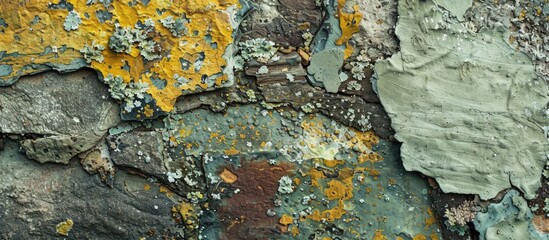 Aufkleber - Cement and rock wall with a backdrop featuring muted pastel colors like yellow, green, and dark tones with lichen, providing a copy space image.