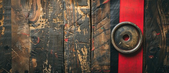 Poster - Vintage metal button and three red tape on aged textured boards with an Instagram filter for a retro-style effect, featuring copy space image.