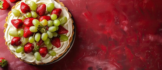 Sticker - Tasty cheesecake topped with grapes, strawberries, and cream on a red kitchen table, seen from above with space for text or images.