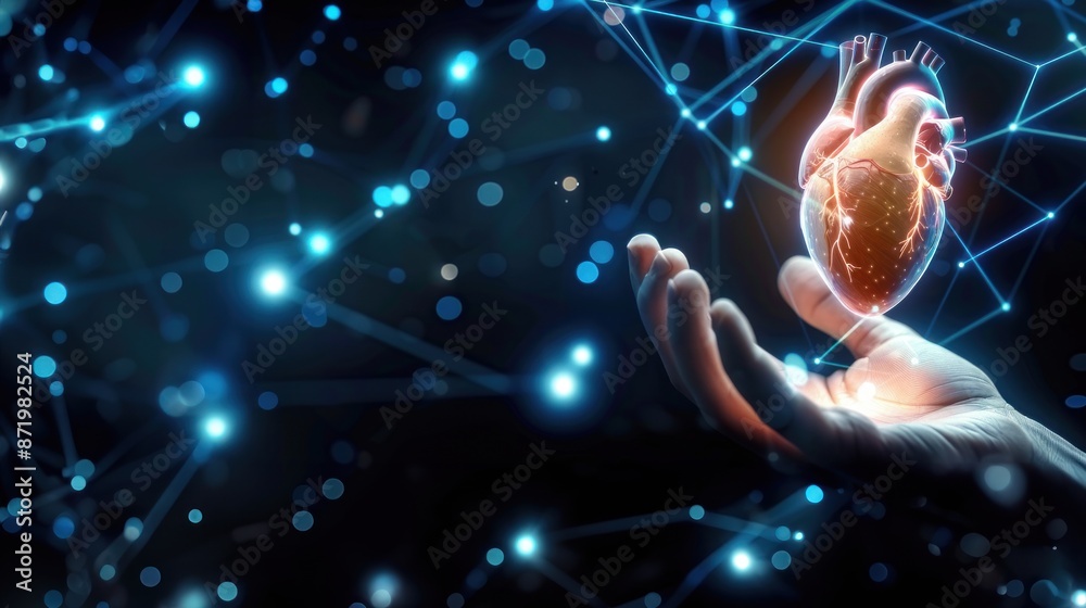 A human hand holding an AI generated heart symbolizes the integration ...