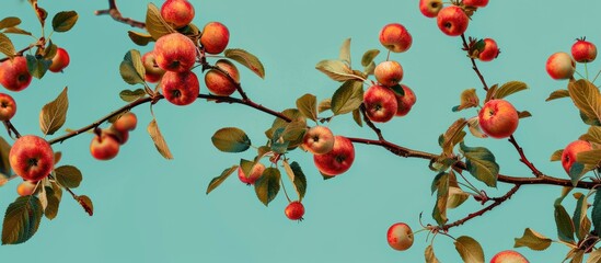 Aufkleber - A seamless pattern featuring a branch of wild Apple tree with Paradis Apples, set against a blue sky as ruddy apples create a striking contrast with copy space image.