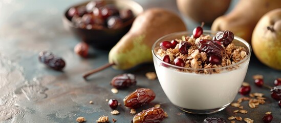 Poster - A mixture of muesli, dates, and fresh pears, complemented by a glass of milk, creates a harmonious blend of flavors against a backdrop of a serene and peaceful setting with a copy space image.