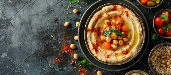 Aufkleber - A top view of a classic hummus dish displayed with a blank area for additional image or text, known as a copy space image.