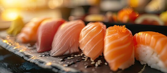 Poster - Close-up shot of a Nigiri set featuring mackerel, sea bass, and salmon on a plate in a sushi bar with a high-quality copy space image.