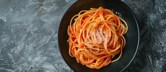 Aufkleber - Top-down view of pasta, spaghetti with tomato sauce presented in a black bowl on a grey stone background, creating a striking copy space image.