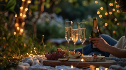 Canvas Print - A couple sits on a blanket toasting glasses of champagne as they share a cheese platter and watch the fireflies light up the garden.