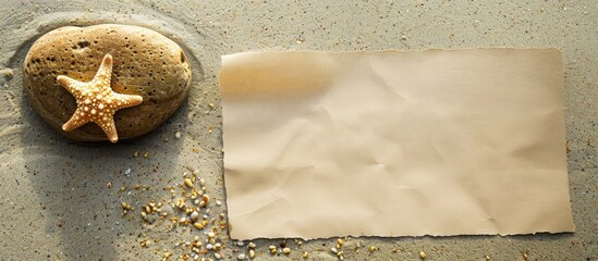 Aufkleber - A blank sheet of paper rests on sandy beach, next to a stone featuring a small seastar, creating a serene scene with copy space image.