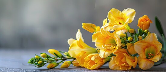Poster - Indoor table displays lovely yellow freesia flowers with room for a text overlay on a copy space image.
