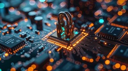 Aufkleber - A gold padlock sits on a circuit board, representing the importance of cybersecurity in todays digital world.