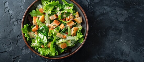 Aufkleber - Top-down view of a tasty Caesar salad on a dark surface, with room for text in the image.