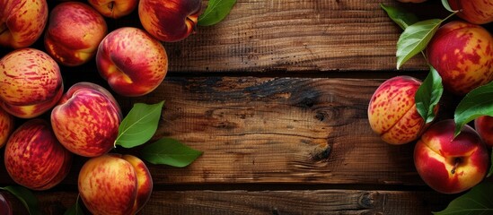 Canvas Print - Organic peaches arranged on a wooden table, showcasing a local harvest. Emphasizing clean eating with a top view and a copy space image.