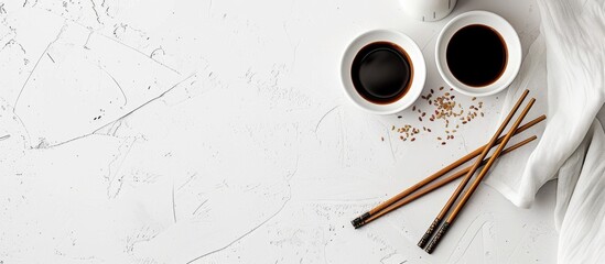 Poster - A white table featuring soy sauce, chopsticks, and ample space for a caption or copy space image.