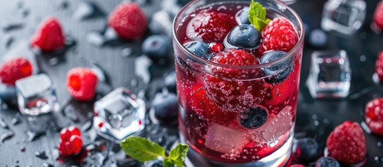 Sticker - Close-up shot of a summer beverage with berries and ice cubes on a table, ideal for a copy space image.