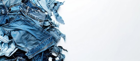 Wall Mural - A collection of blue denim jeans in different shades on a white background with ample copy space image.