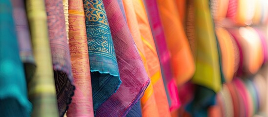 Fototapete - Close-up image displaying various colored cloth and fabric samples at a market stall with copy space image.