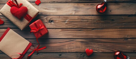 Poster - Valentine's Day-themed items like a toy heart, a blank greeting card, and a gift box are showcased on a wooden table background with copy space image.