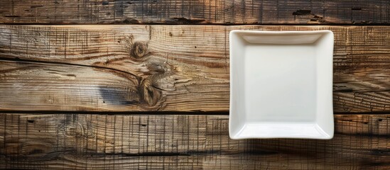 Aufkleber - Square plate on wooden backdrop with copy space image for your design.