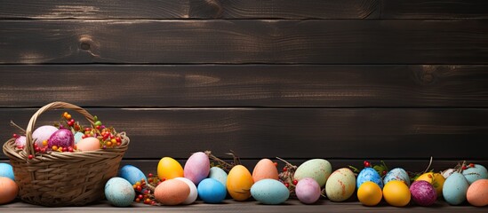 Poster - Wooden surface with wicker baskets and colorful Easter eggs in a copy space image.