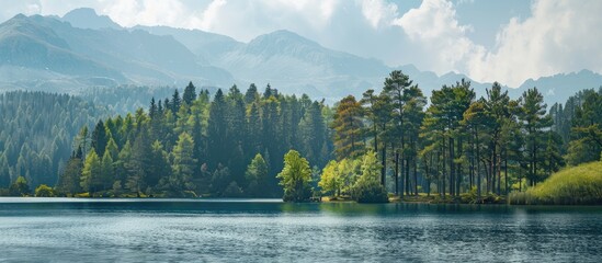 Poster - Scenic view of a lake with a backdrop of a pine forest, ideal for a copy space image.