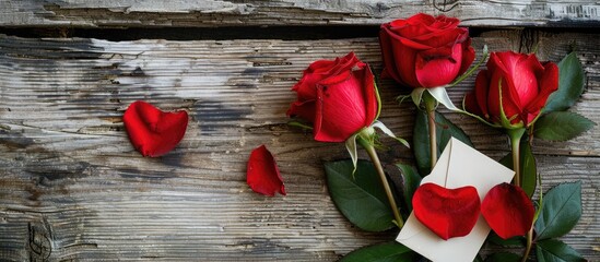 Aufkleber - Red roses and a heart-shaped card placed on weathered wood with copy space image for your message.