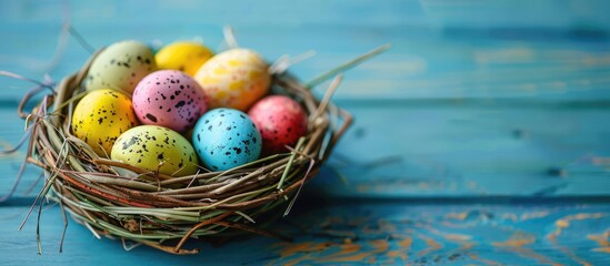 Fototapete - Colorful Easter eggs arranged in a basket on a blue wooden backdrop with selective focus, creating a tinted photo with copy space image.