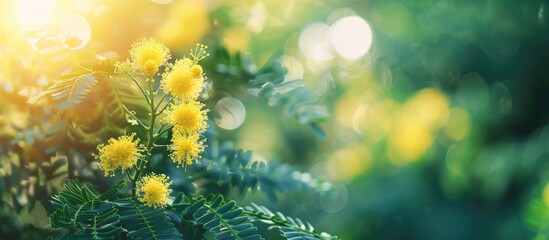 Poster - A delicate mimosa flower on a bush in a park surrounded by green nature, with copy space image.