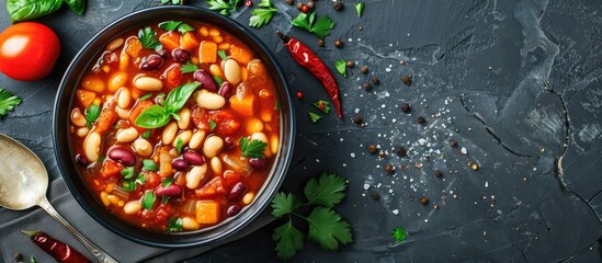 Poster - Top view of Greek bean soup Fasolada in a bowl on a concrete surface with room for additional elements in the image.