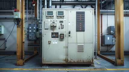 Fototapete - An electrical transformer equipment next to a circuit breaker box, sealed within a cabinet, inside of a factory, clean materials, new installation. Generative AI.