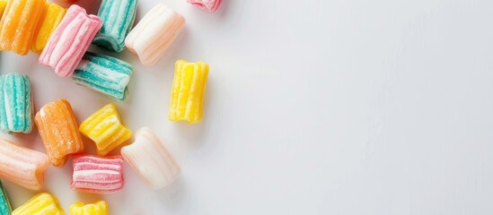 Poster - Top view of sweet chewing gums on a white background with copy space image.