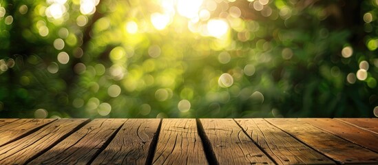 Poster - Wooden deck table with a blurred green background, ideal for showcasing products in a copy space image.