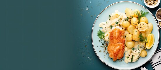 Poster - Schnitzel with potato salad, lemon slices, on a modern plate with copy space image.