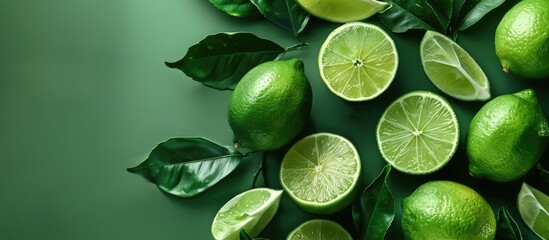 Poster - A vibrant green background displays fresh lime slices with leaves, offering copy space in a top view flat lay for a creative tropical fruit-themed composition rich in vitamin C and citrus elements.