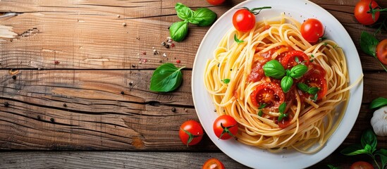 Aufkleber - Delicious Italian pasta dish with tomato sauce and herbs served on a plate, ready to eat, ideal for food-related 'copy space image.'