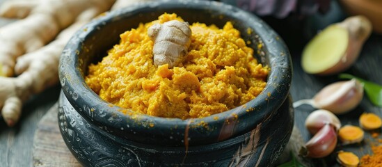 Poster - Indian cuisine showcased with a pestle and mortar featuring a paste of garlic, ginger, and turmeric, creating a vibrant copy space image.