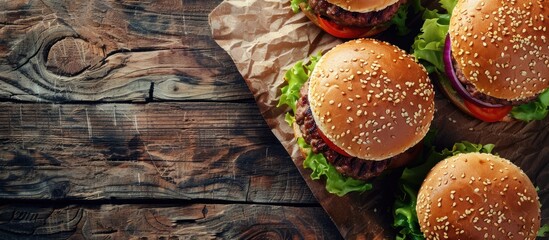 Poster - Close-up of homemade burgers on a rustic wooden backdrop with copy space image.