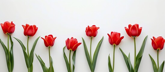 Poster - Top-down view of lovely red tulips set against a white backdrop, ideal for showcasing text. Displayed flat with room for additional content.