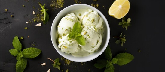 Sticker - Overhead shot of a white bowl holding a refreshing green lime and pistachio ice cream with copy space image.