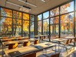 © hathairat - Ultramodern classroom with virtual autumn scenery through expansive smart windows, collaborative group study, and warm atmospheric lighting