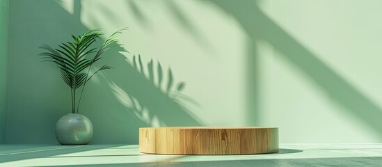 Poster - Minimalistic wooden podium placed on a pale green backdrop with interplay of light and shadows creating an aesthetic ambiance. Ample copy space image included.