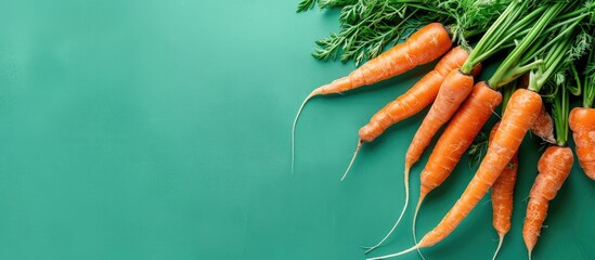 Poster - A summer-themed vegan food concept featuring some fresh carrots on a green background with copy space image available.