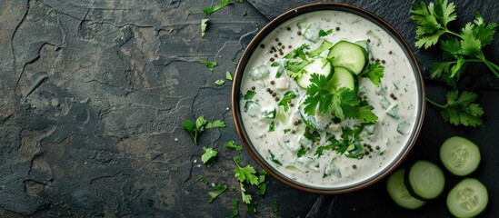 Poster - Top-down view of classic Indian Raita featuring cucumber, cumin, and coriander with ample copy space image.
