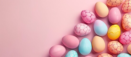 Poster - Colorful Easter eggs on textured pink paper background with ample copy space image for text, captured from a top view in a flat lay style with a close-up shot.