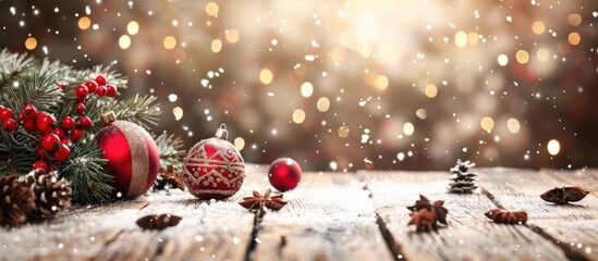 Poster - A festive holiday scene on wooden background with copy space image.