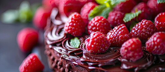 Poster - Detailed close-up image of a chocolate cake adorned with raspberries and mint, offering room for your own text within the frame.