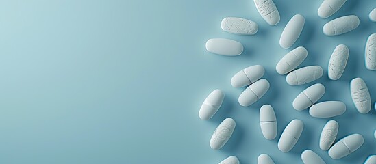 Aufkleber - Isolated medicine pills on a blue backdrop create a healthcare concept with a design element. Featuring selective focus, the image includes copy space.