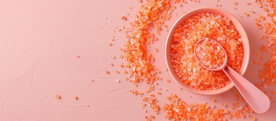 Poster - Pink background with a bowl of orange sea salt and a scoop, ideal for presenting concepts or designs.