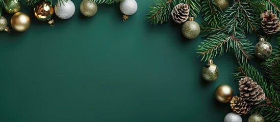 Aufkleber - A vibrant green background featuring fir branches adorned with golden and silver ornaments, perfect for showcasing a copy space image in a flat lay style.