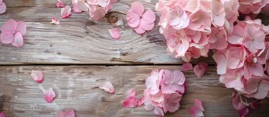 Poster - Pale pink hydrangea blossoms displayed with paper on a wooden surface background, providing space for adding text to the image.