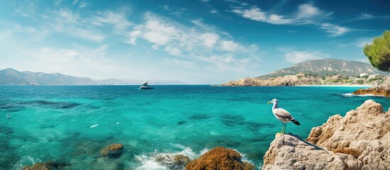 Aufkleber - A seagull perched on rocks against a stunning turquoise sea under bright sunlight, creating a picturesque scene with a copy space image.